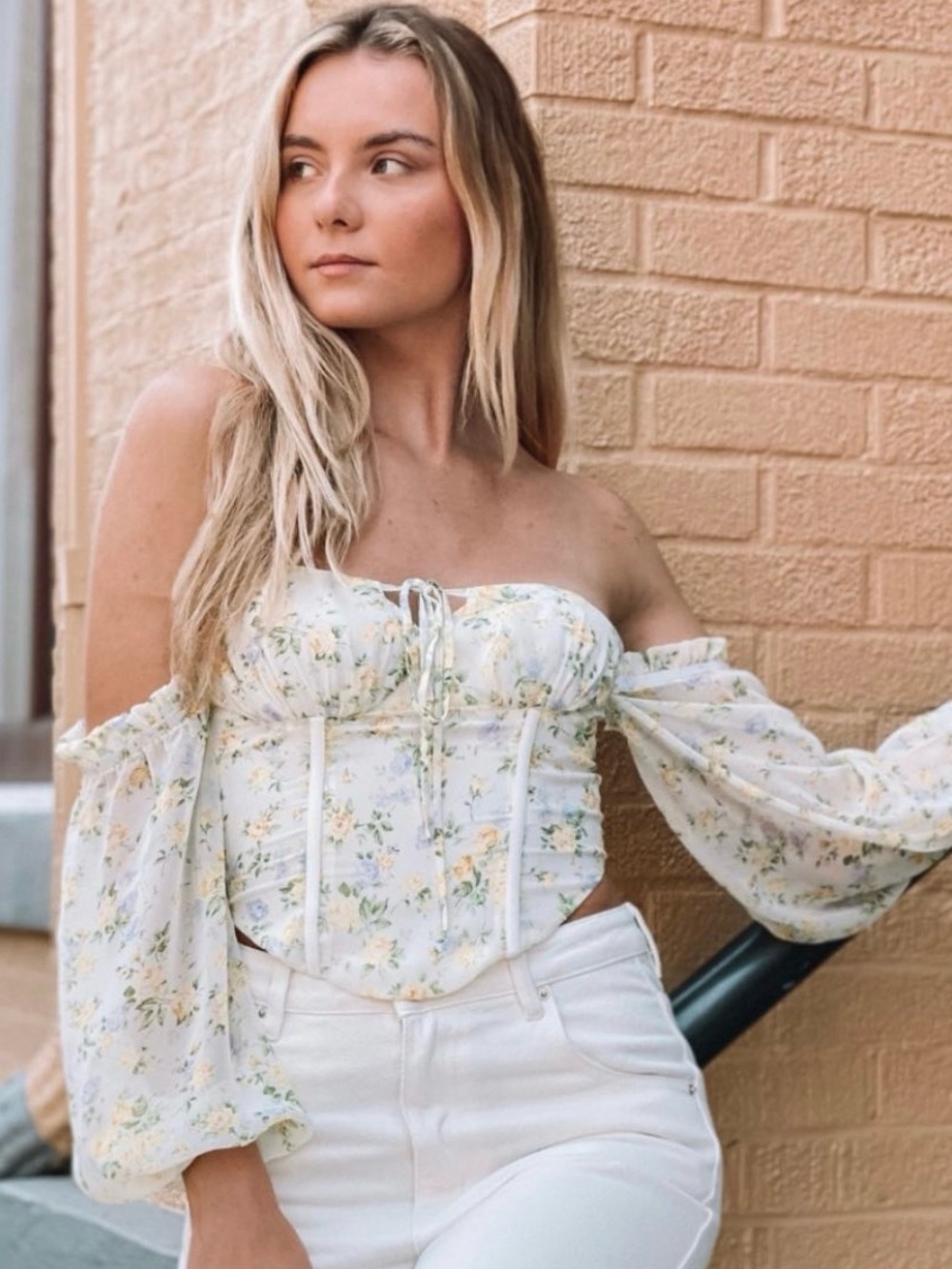 Off-Shoulder Floral Corset Blouse in Cream